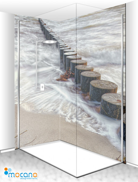 Duschrückwand Eck-Set Buhnen Brandung Ostsee 200x210cm - Wohnbeispiel