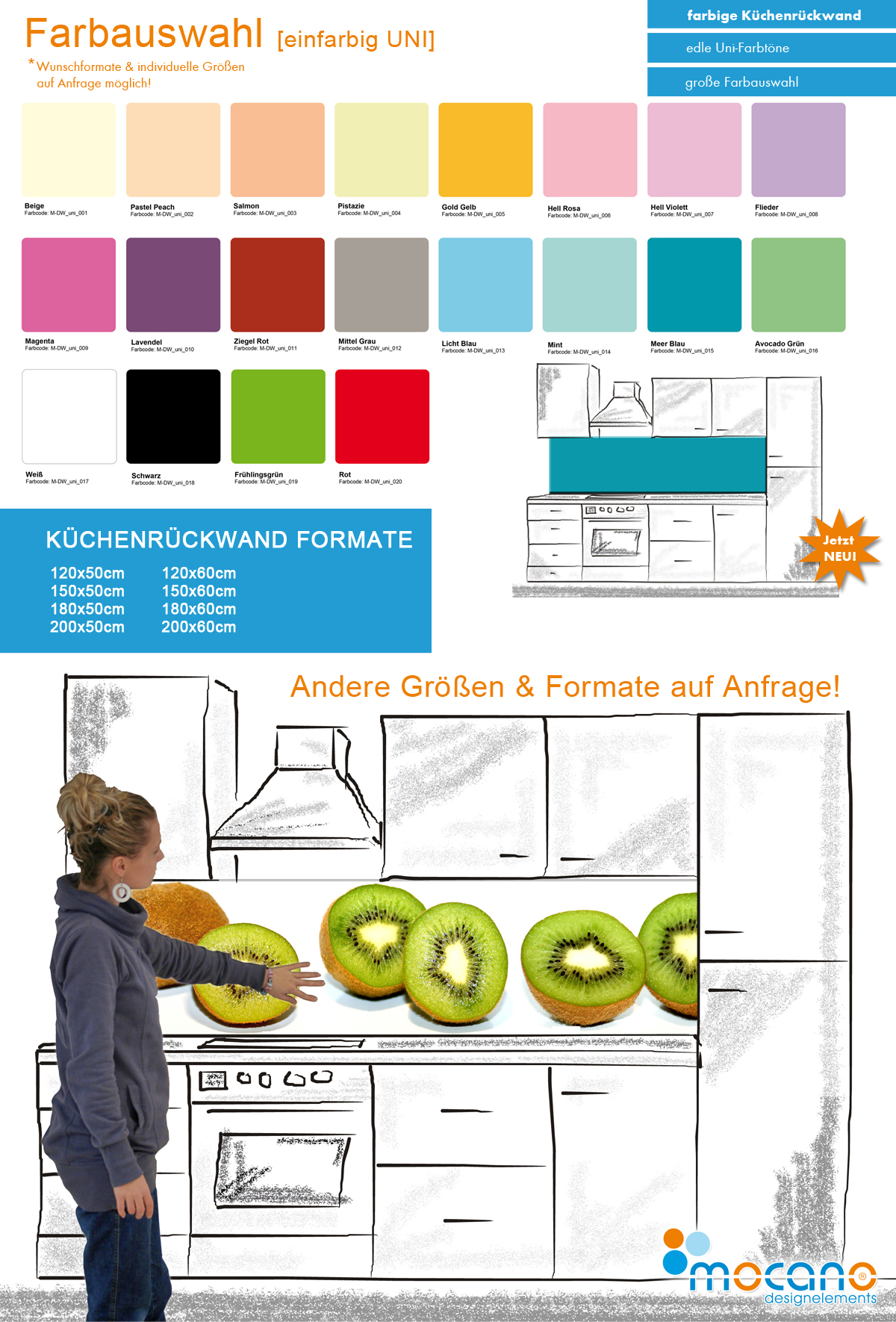 Küchenrückwände einfarbig in verschiedenen Formaten & Größen von mocano ®